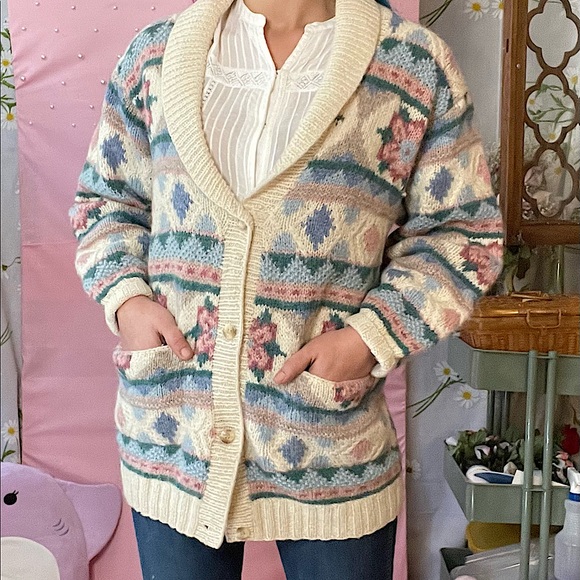 Vintage Sweaters - Vintage Shetland Wool floral fair isle fisherman collar  granny cardigan